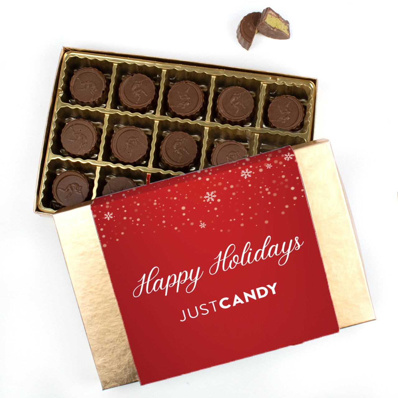 Happy Holidays Gold Gift Box Filled With 15 Dubai Milk Chocolate Truffles For Holiday Party Favors, Christmas Gifting, Festive Event Candy Giveaways & More